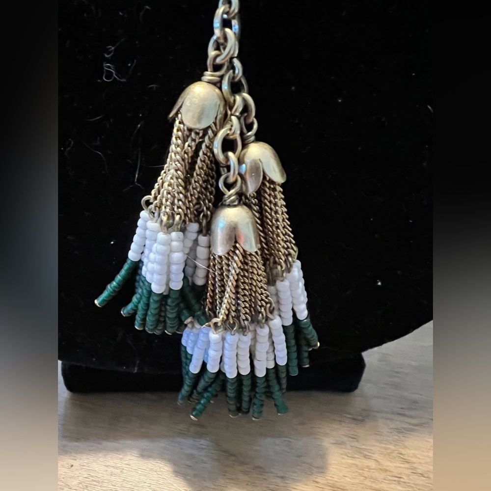 J Crew gold tone round chain tassels gold capped, white & green seed beads.